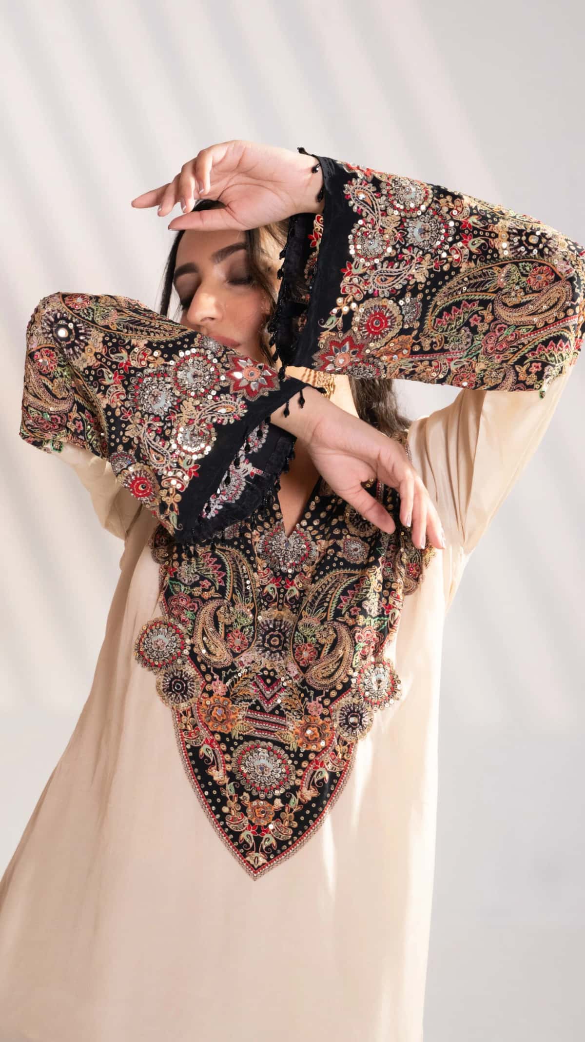 Beige & Black Embroidered Silk Kurta Set with Patiala Pants (Set of 2) - 7