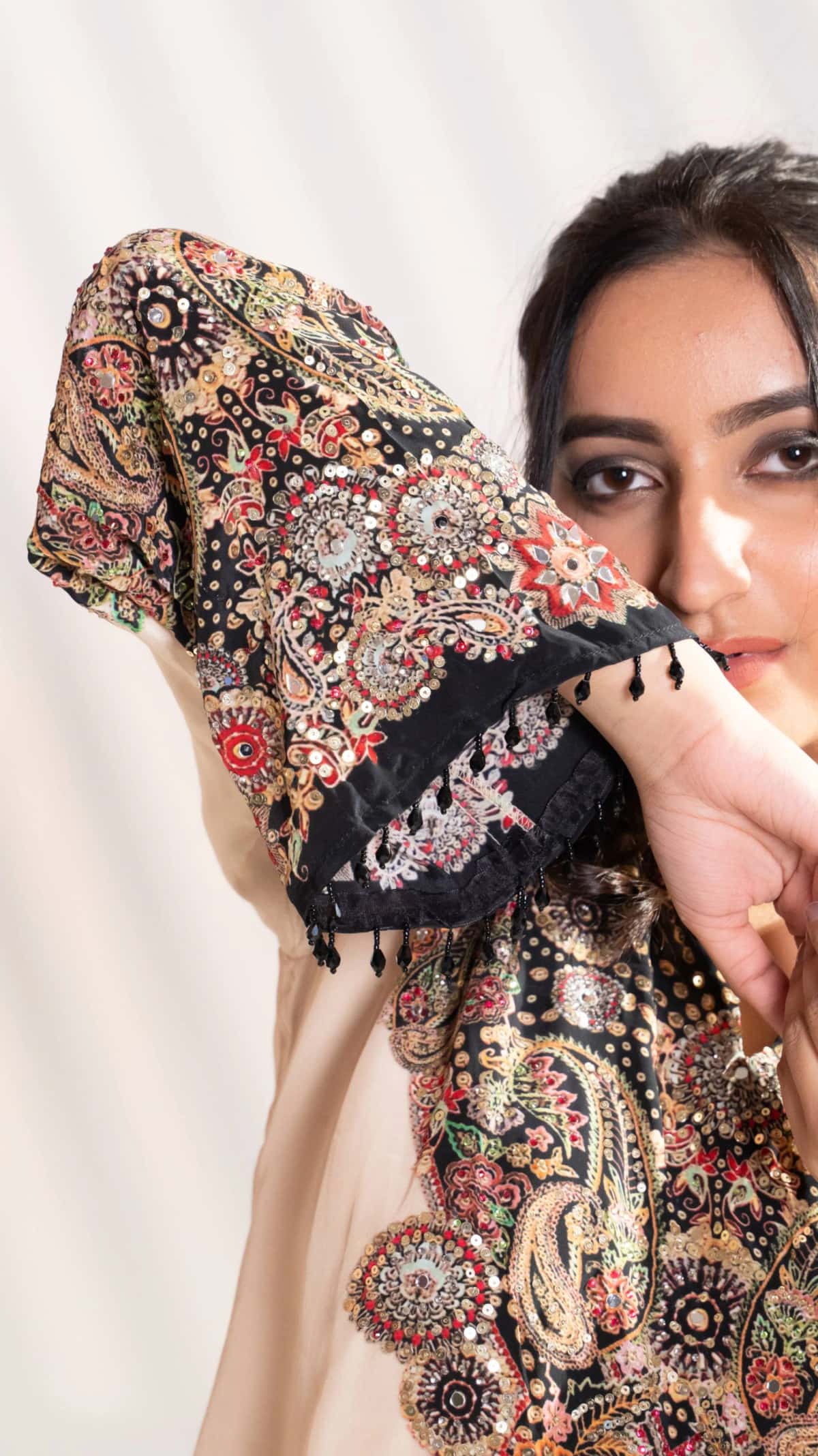 Beige & Black Embroidered Silk Kurta Set with Patiala Pants (Set of 2) - 8