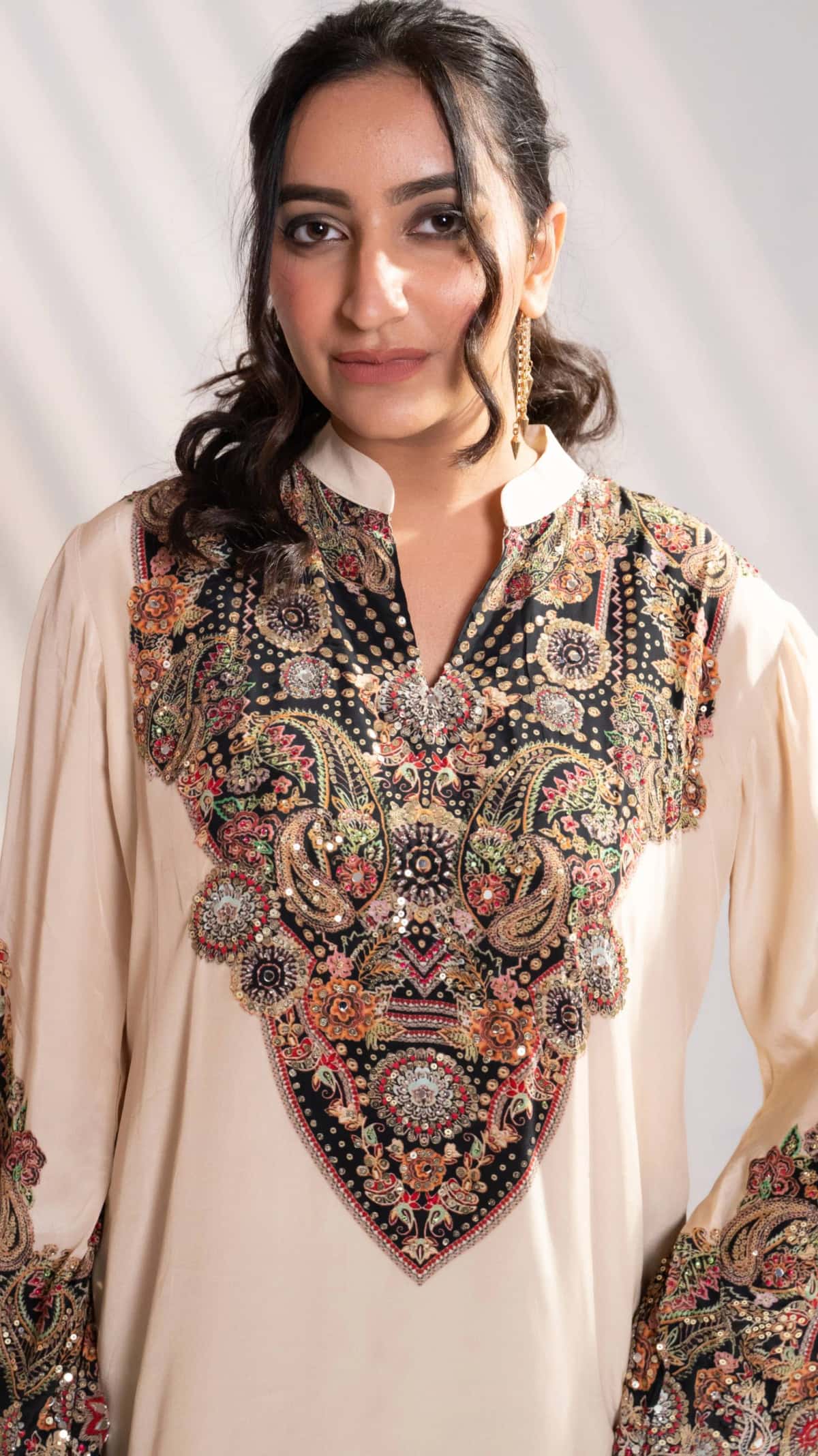 Beige & Black Embroidered Silk Kurta Set with Patiala Pants (Set of 2) - 9