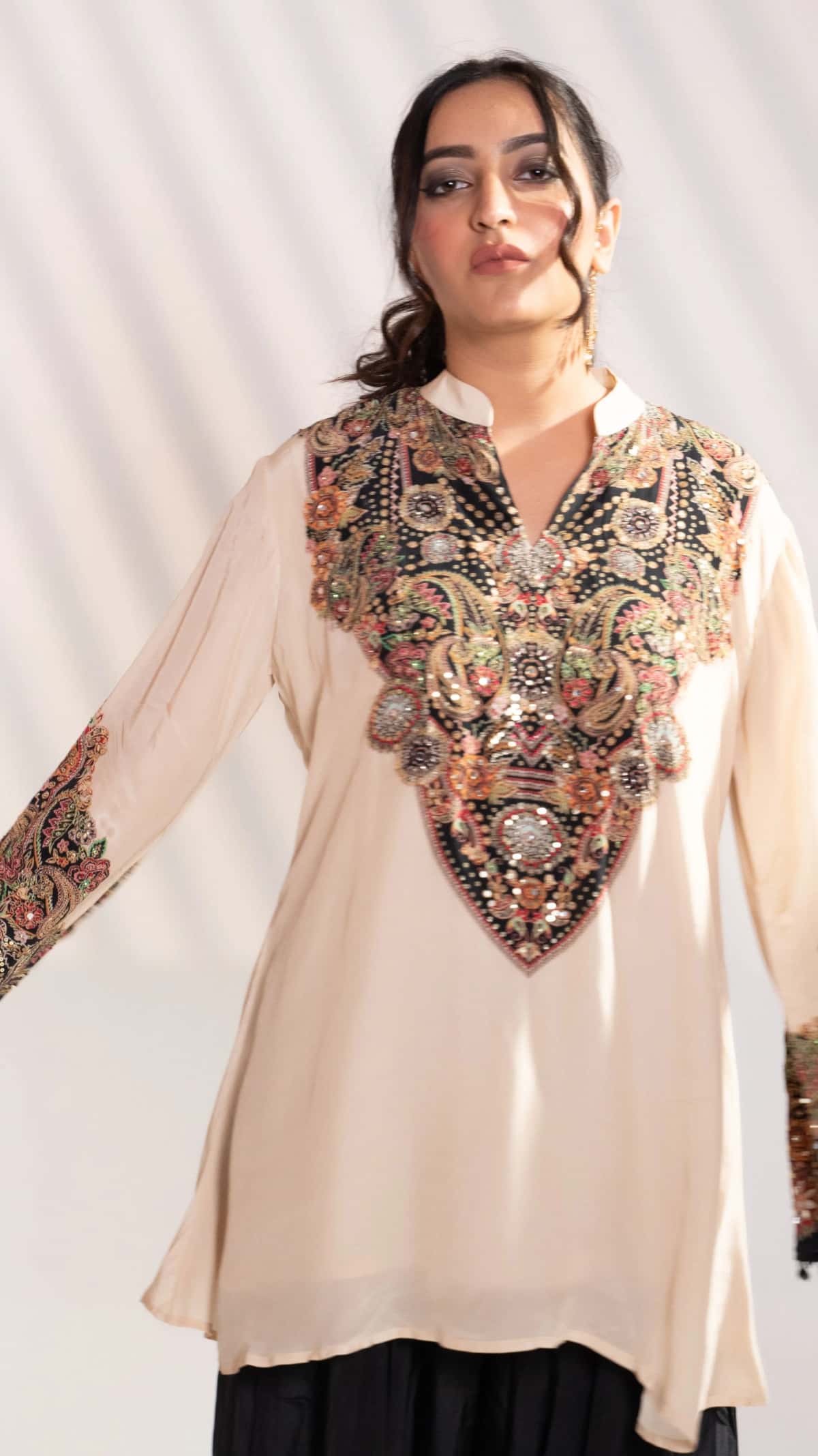 Beige & Black Embroidered Silk Kurta Set with Patiala Pants (Set of 2) - 10