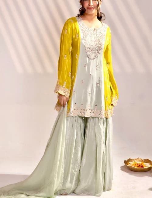 Pastel Mint Kurti Sharara Set (Set of 3) - 1