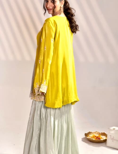 Pastel Mint Kurti Sharara Set (Set of 3) - 2