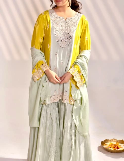 Pastel Mint Kurti Sharara Set (Set of 3) - 3