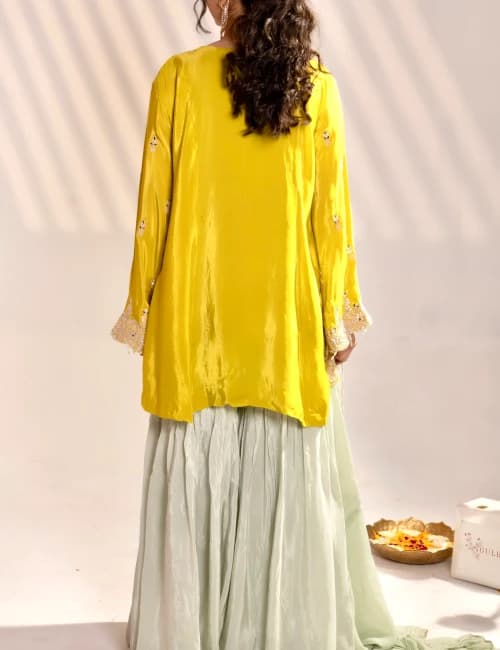 Pastel Mint Kurti Sharara Set (Set of 3) - 4