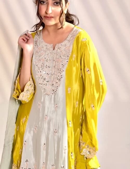 Pastel Mint Kurti Sharara Set (Set of 3) - 5