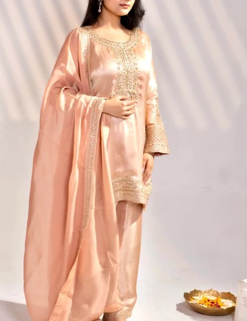 Dark Taupe Gold Hand-Embellished Silk Kurta Set with Dupatta (Set of 3) - 7