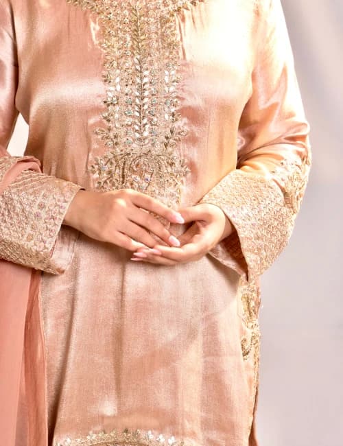 Dark Taupe Gold Hand-Embellished Silk Kurta Set with Dupatta (Set of 3) - 8