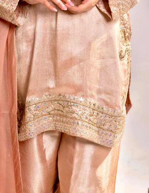 Dark Taupe Gold Hand-Embellished Silk Kurta Set with Dupatta (Set of 3) - 9