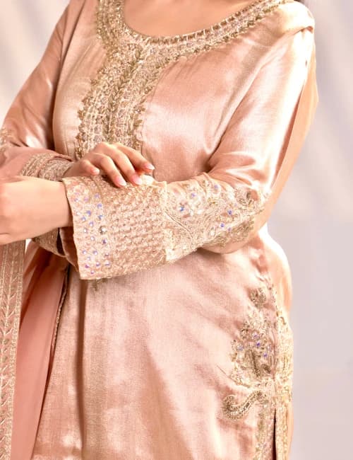 Dark Taupe Gold Hand-Embellished Silk Kurta Set with Dupatta (Set of 3) - 10