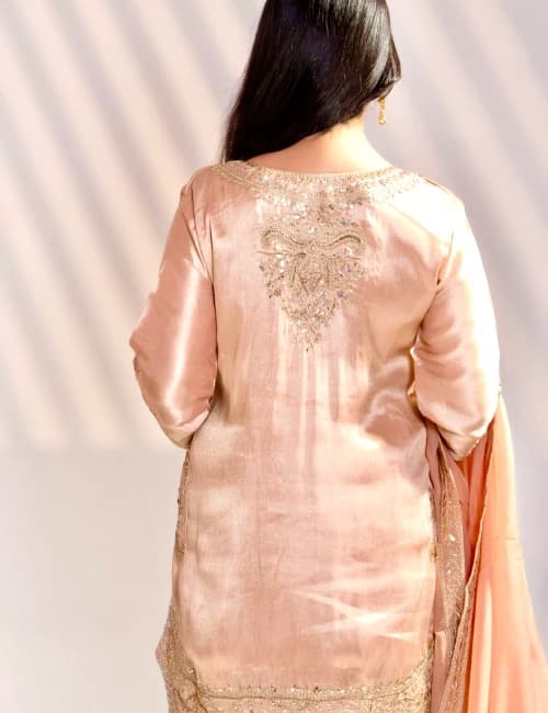 Dark Taupe Gold Hand-Embellished Silk Kurta Set with Dupatta (Set of 3) - 11