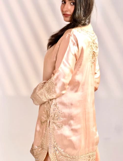 Dark Taupe Gold Hand-Embellished Silk Kurta Set with Dupatta (Set of 3) - 12