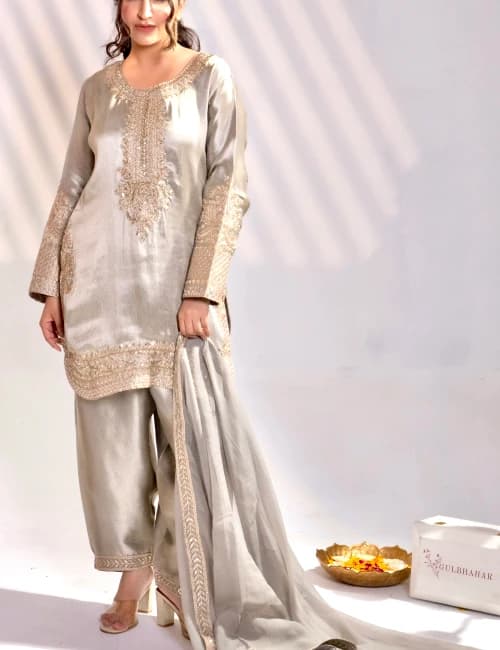 Dark Taupe Gold Hand-Embellished Silk Kurta Set with Dupatta (Set of 3) - 1