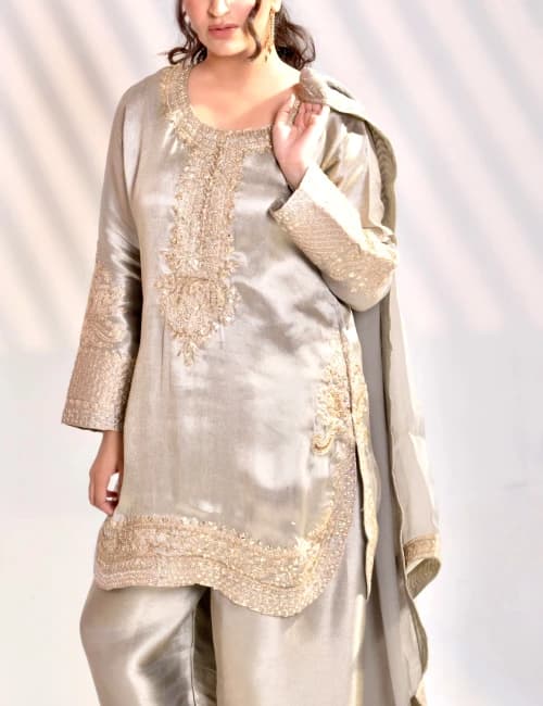 Dark Taupe Gold Hand-Embellished Silk Kurta Set with Dupatta (Set of 3) - 3