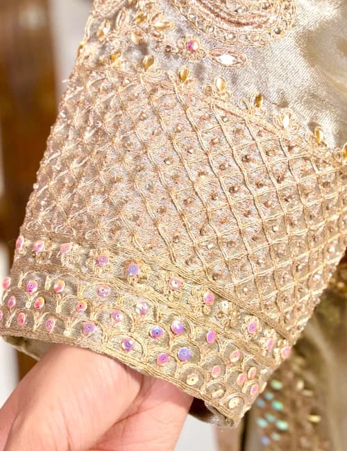 Dark Taupe Gold Hand-Embellished Silk Kurta Set with Dupatta (Set of 3) - 4