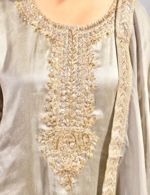 Dark Taupe Gold Hand-Embellished Silk Kurta Set with Dupatta (Set of 3) - 5