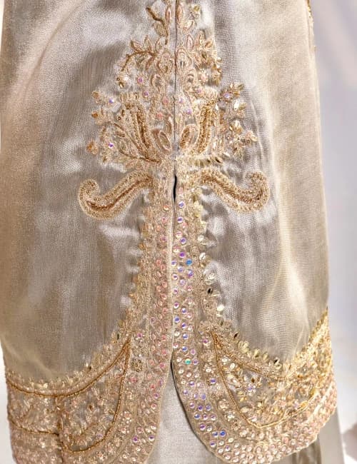 Dark Taupe Gold Hand-Embellished Silk Kurta Set with Dupatta (Set of 3) - 6