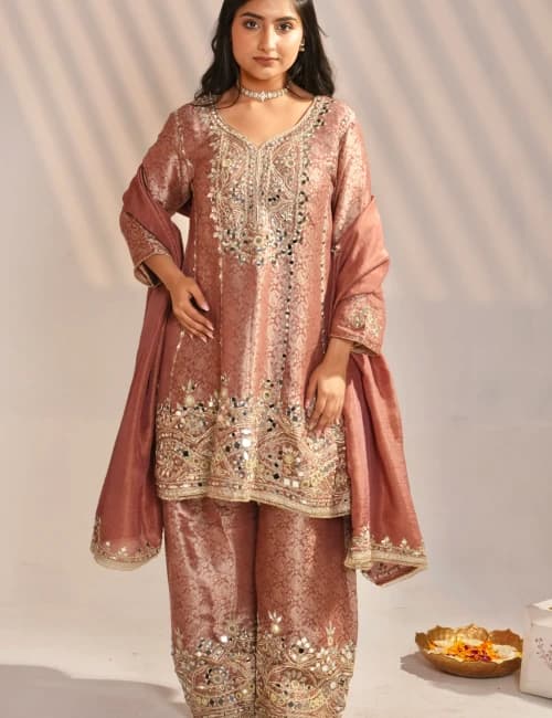 Mustard Yellow Brocade Printed Suit Set With Mirror Work (Set of 3) - 7