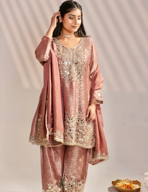 Mustard Yellow Brocade Printed Suit Set With Mirror Work (Set of 3) - 8