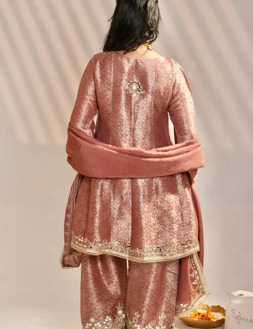 Mustard Yellow Brocade Printed Suit Set With Mirror Work (Set of 3) - 9