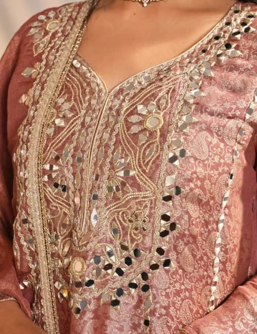 Mustard Yellow Brocade Printed Suit Set With Mirror Work (Set of 3) - 10