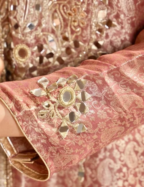 Mustard Yellow Brocade Printed Suit Set With Mirror Work (Set of 3) - 11