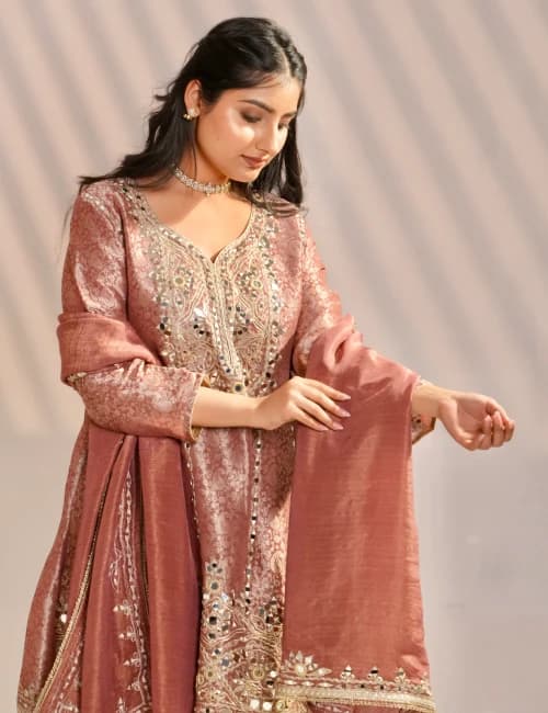 Mustard Yellow Brocade Printed Suit Set With Mirror Work (Set of 3) - 12