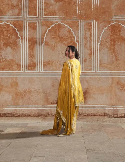 Mustard Yellow Brocade Printed Suit Set With Mirror Work (Set of 3) - 1