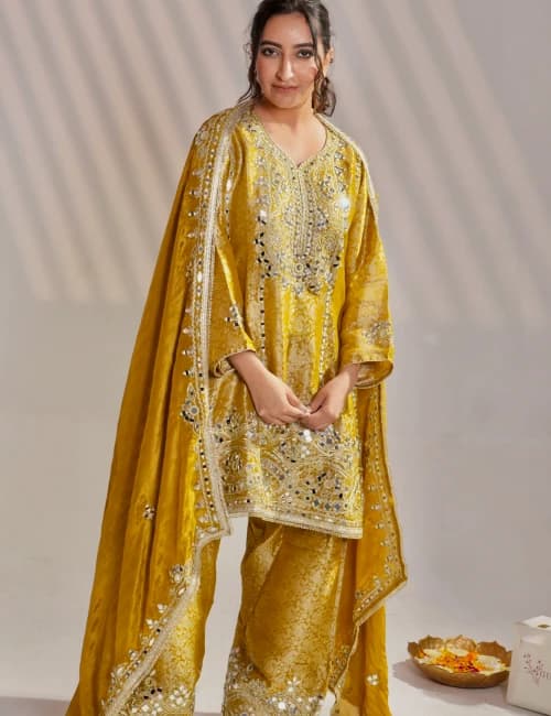 Mustard Yellow Brocade Printed Suit Set With Mirror Work (Set of 3) - 2