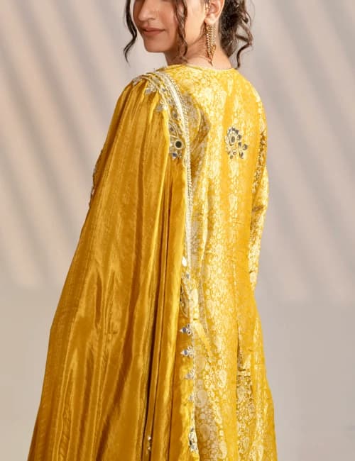 Mustard Yellow Brocade Printed Suit Set With Mirror Work (Set of 3) - 3
