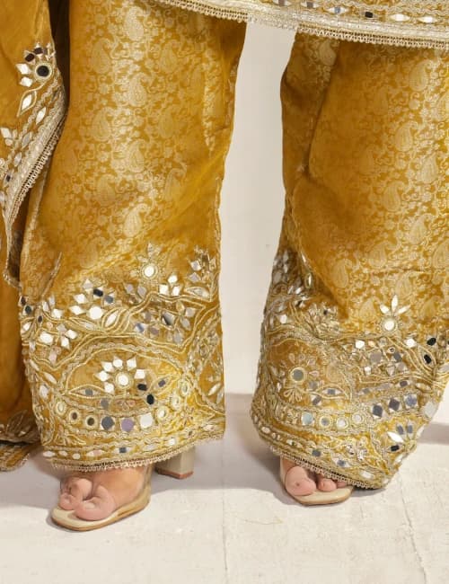Mustard Yellow Brocade Printed Suit Set With Mirror Work (Set of 3) - 4