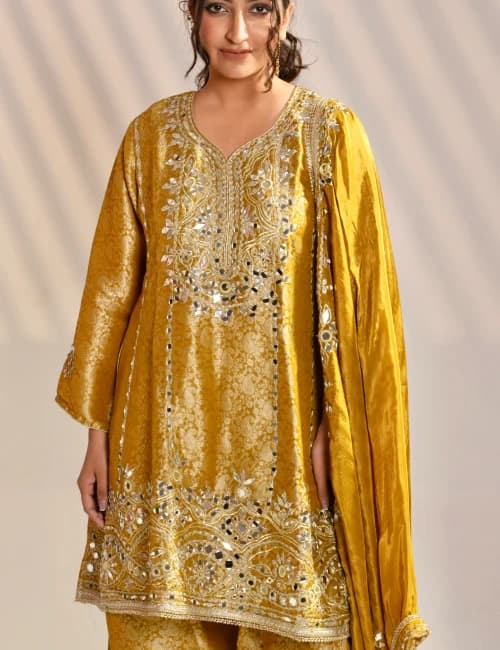 Mustard Yellow Brocade Printed Suit Set With Mirror Work (Set of 3) - 5