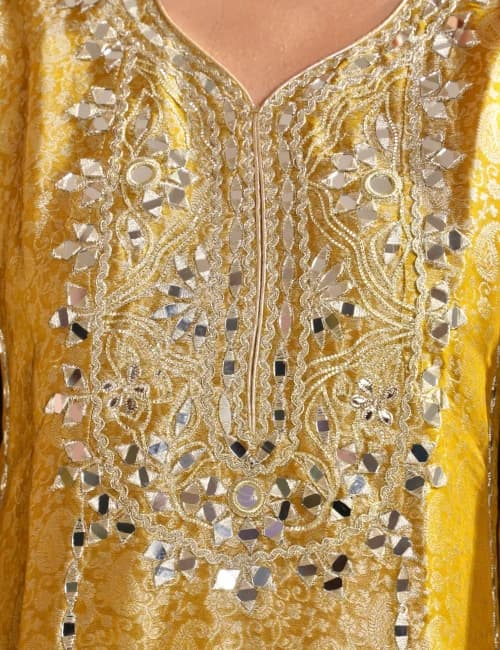 Mustard Yellow Brocade Printed Suit Set With Mirror Work (Set of 3) - 6