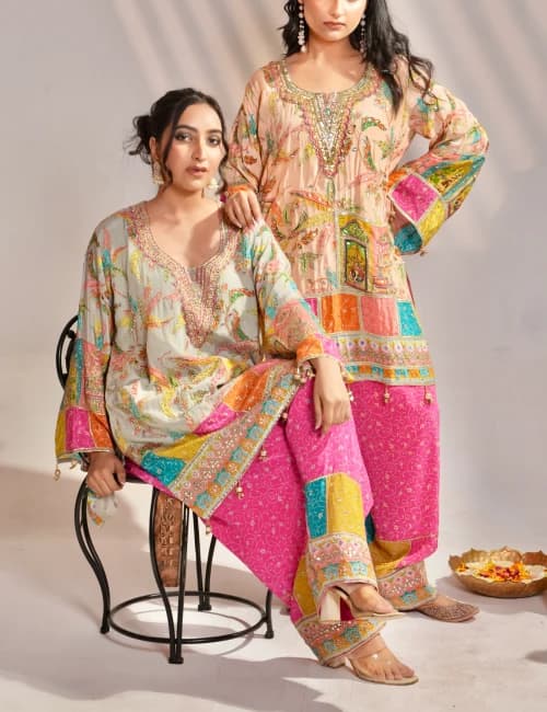 Peach Floral Kurta Set & Pink Farshi Pants - 6
