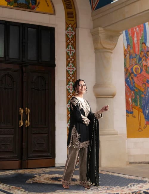 Black Embroidered Kurta Set with Palazzo - 1