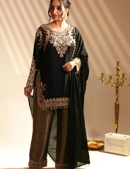 Black Embroidered Kurta Set with Palazzo - 2