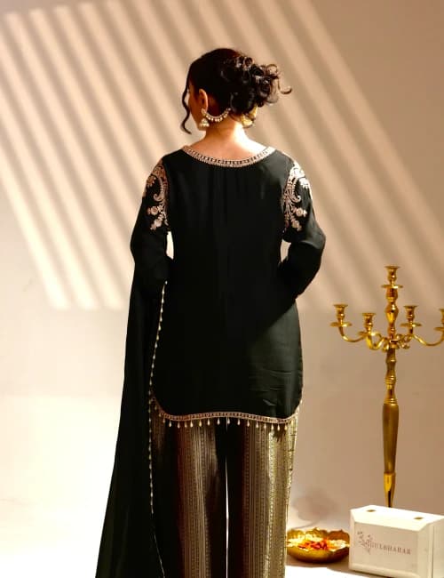 Black Embroidered Kurta Set with Palazzo - 3