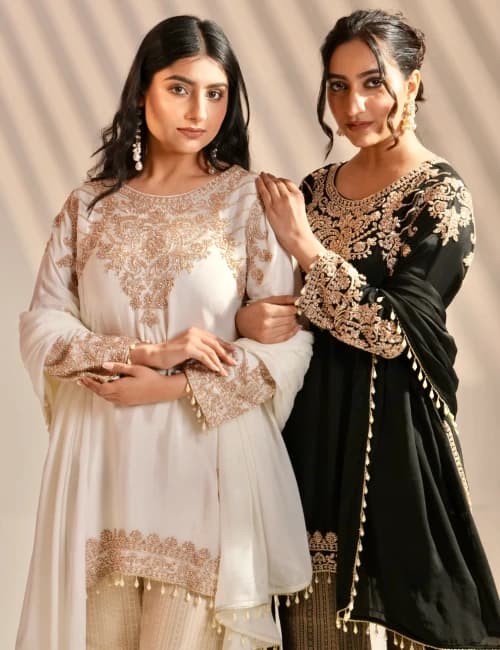 Black Embroidered Kurta Set with Palazzo - 8