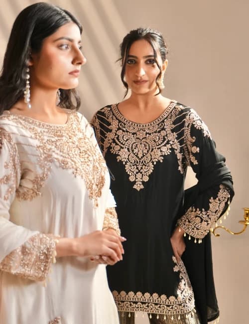 Black Embroidered Kurta Set with Palazzo - 16