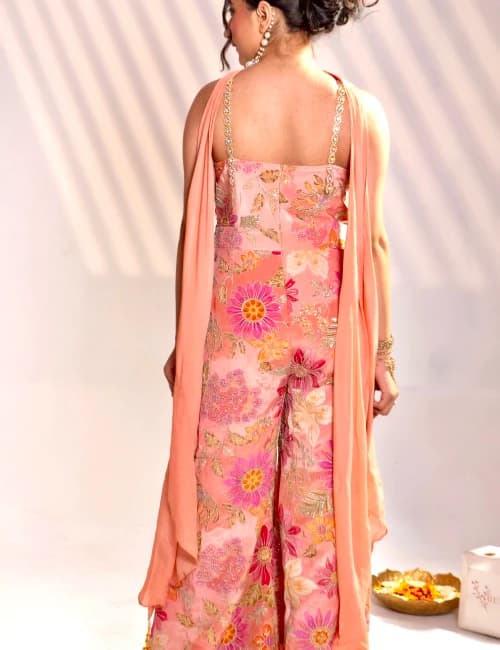 Blush Floral Embroidered Jumpsuit with Drape Dupatta - 2