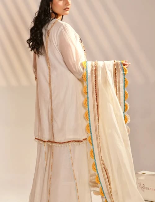  Ivory Hand-Beaded Kurta Malmal Set with Sharara & Dupatta (Set of 3) - 5