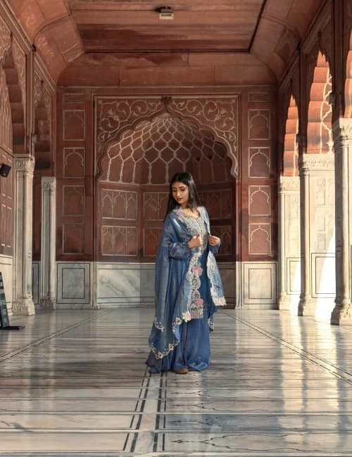 Steel Blue Embroidered Kurta Set with Sharara & Cape Dupatta (Set of 3) - 1