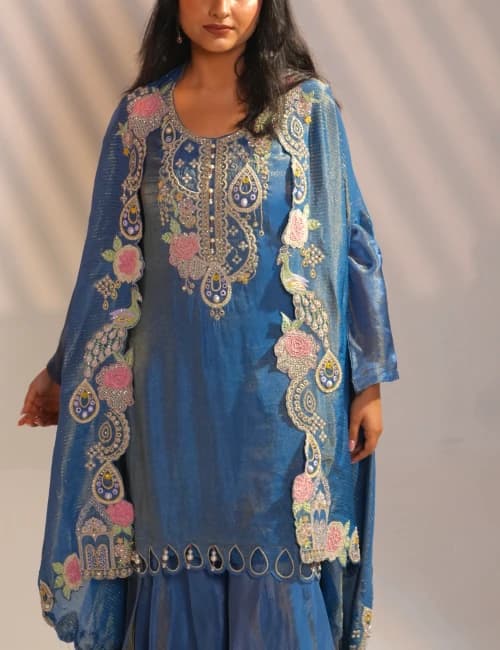Steel Blue Embroidered Kurta Set with Sharara & Cape Dupatta (Set of 3) - 3