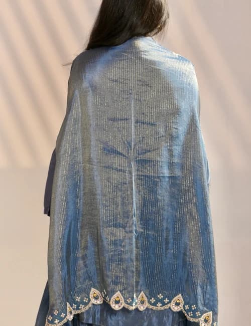 Steel Blue Embroidered Kurta Set with Sharara & Cape Dupatta (Set of 3) - 5
