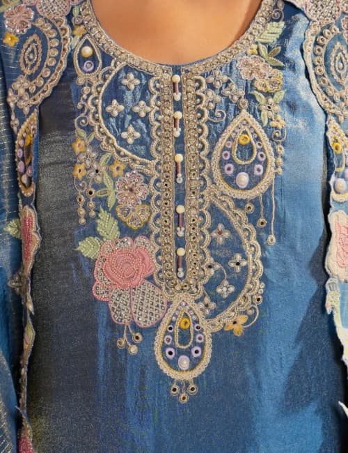 Steel Blue Embroidered Kurta Set with Sharara & Cape Dupatta (Set of 3) - 6