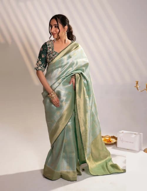 Green Banarasi Saree with Zari Embroidery - 1