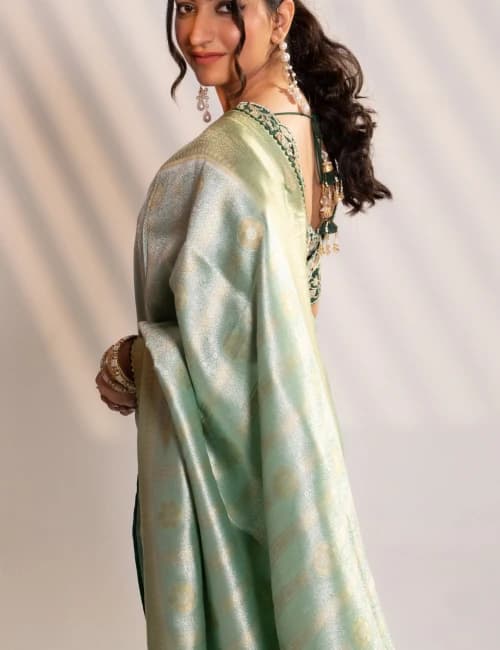 Green Banarasi Saree with Zari Embroidery - 3