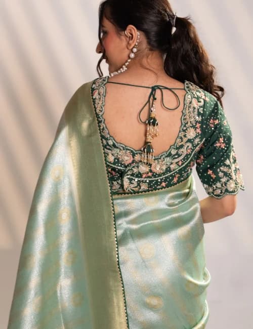 Green Banarasi Saree with Zari Embroidery - 5