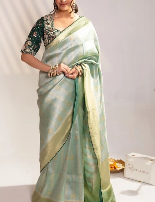 Green Banarasi Saree with Zari Embroidery - 6