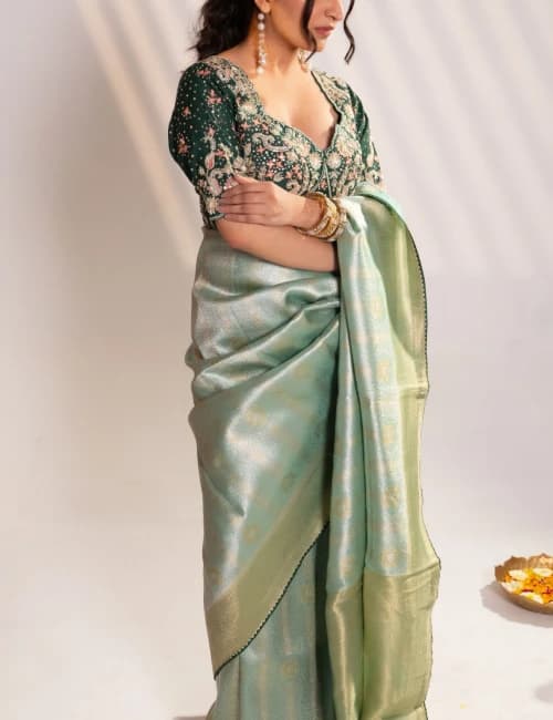 Green Banarasi Saree with Zari Embroidery - 7