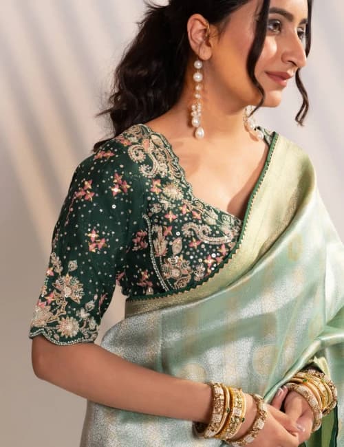 Green Banarasi Saree with Zari Embroidery - 8